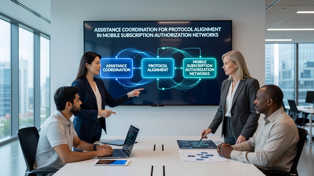 Illustration of mobile network operators reviewing protocol alignment data on shared monitoring interfaces