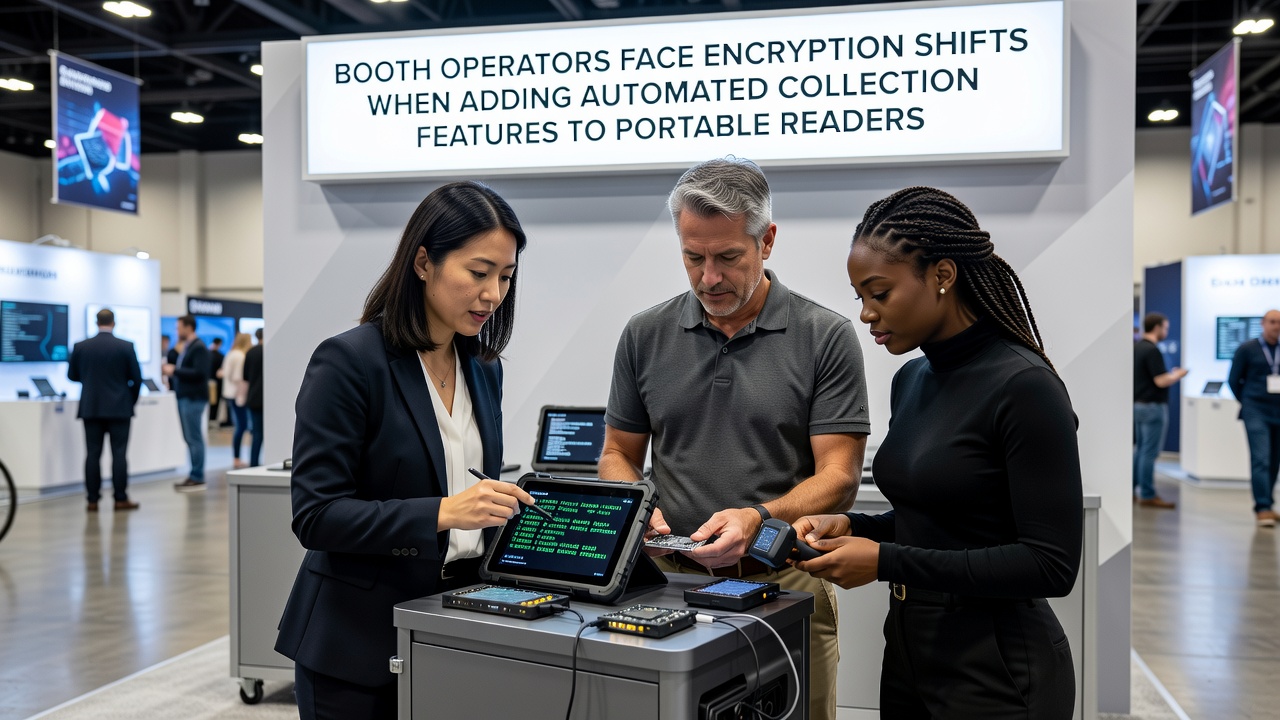 Technician updating encryption settings on a portable payment reader at a vendor booth