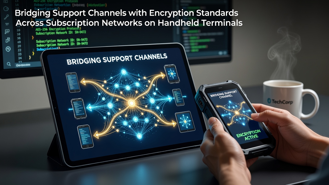Handheld terminal displaying encrypted subscription payment interface with support dashboard overlay