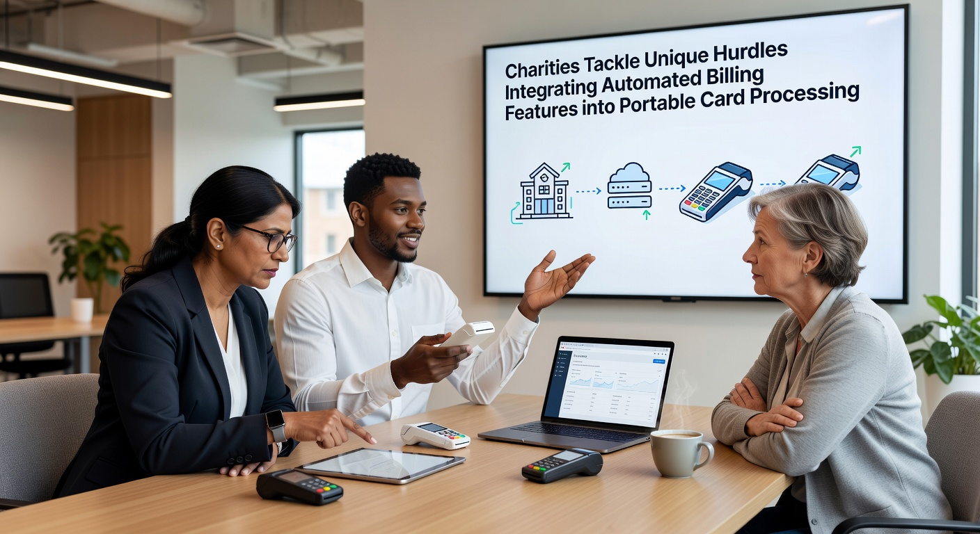 Close-up of mobile card reader connected to tablet displaying recurring donation setup screen at a charity fundraiser