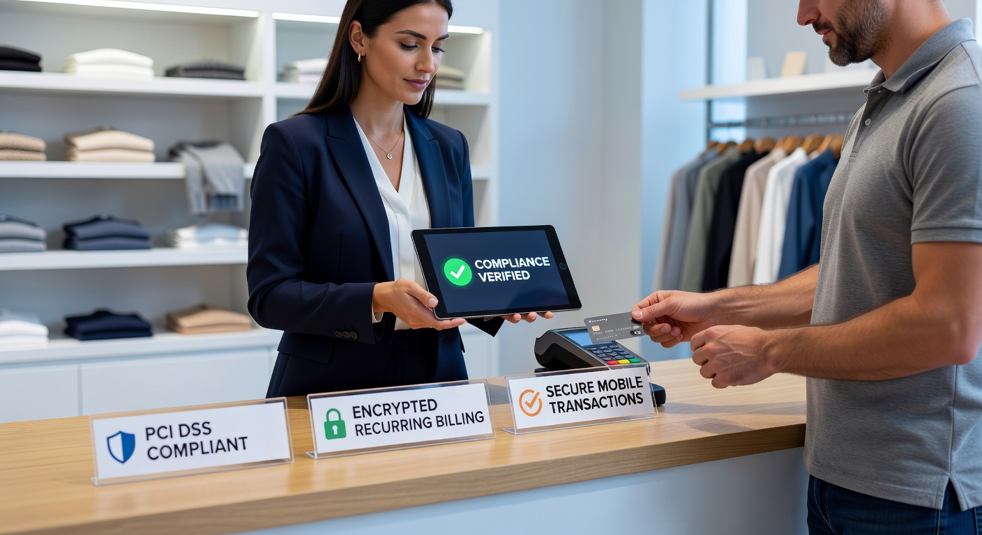 Mobile POS device processing a recurring transaction with compliance indicators displayed on screen
