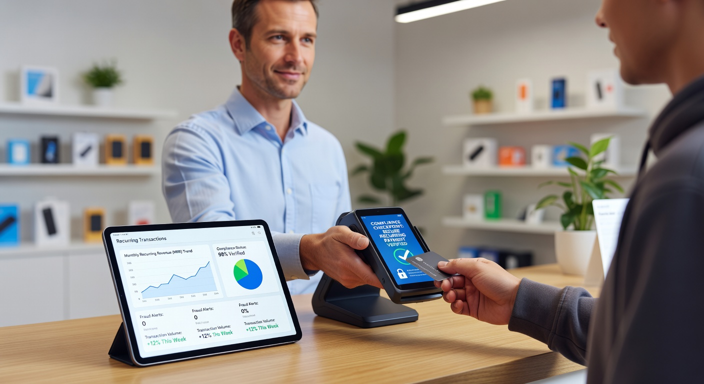 Compliance dashboard on a tablet showing transaction logs and security status for mobile POS recurring payments