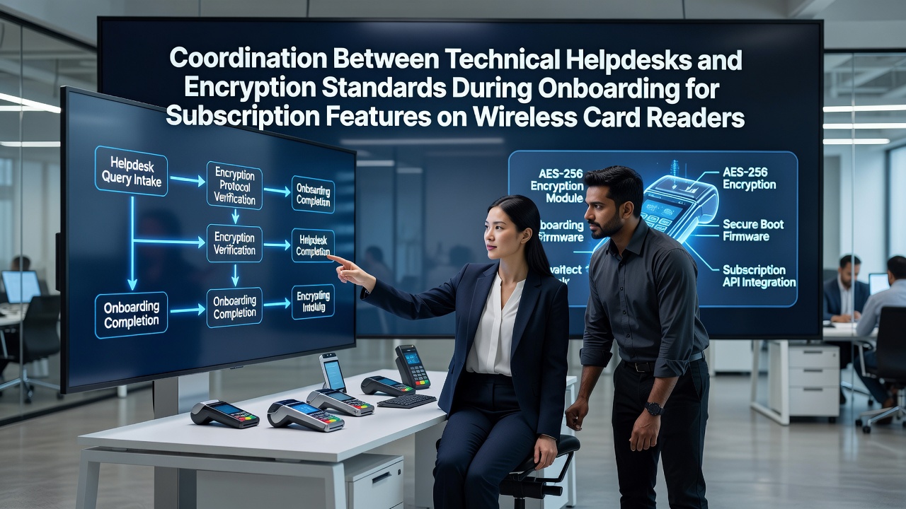 Technical support specialist guiding merchant through wireless card reader encryption setup during onboarding