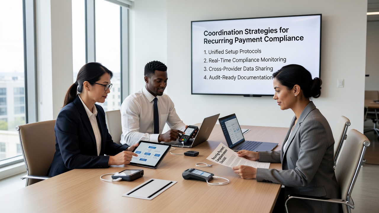 Service providers reviewing compliance protocols for recurring payment setup on portable card readers
