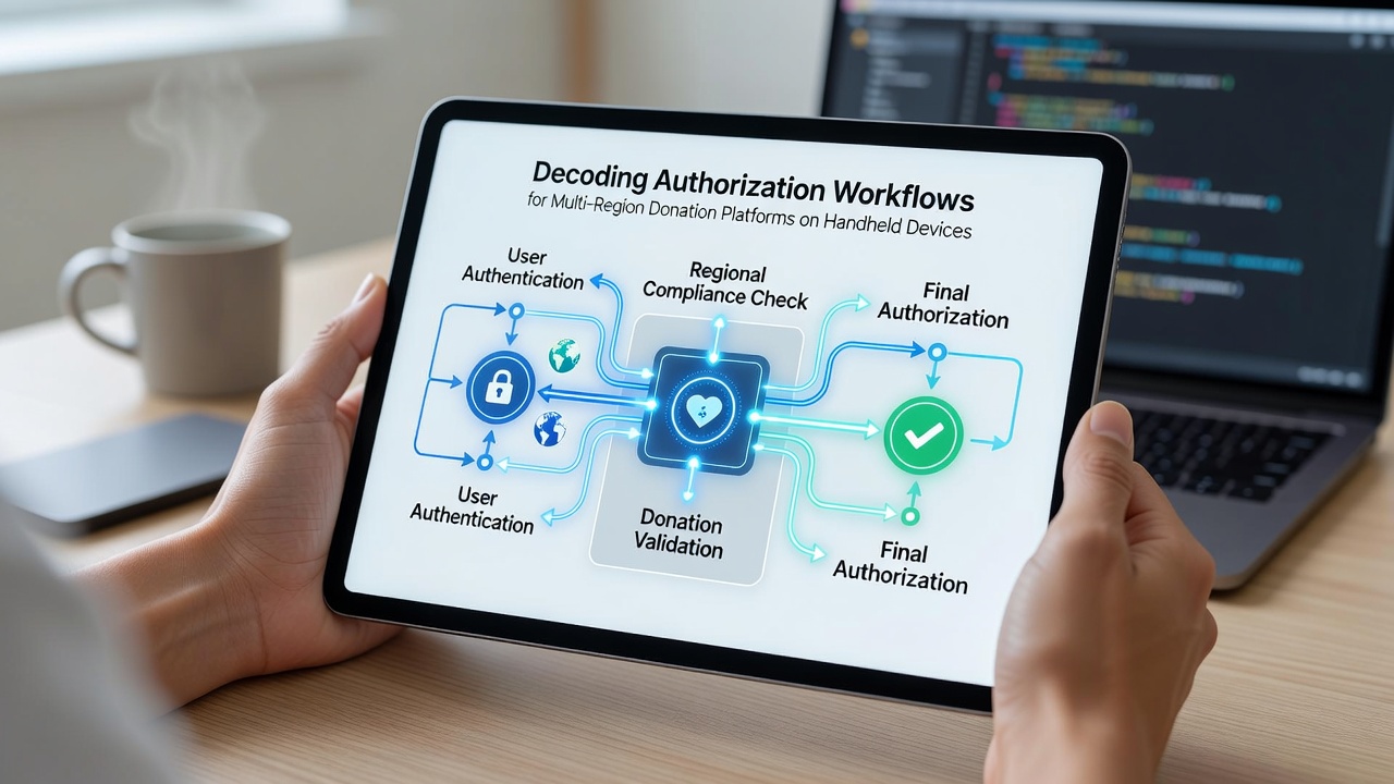 Diagram illustrating authorization workflow for multi-region donation platforms on handheld devices