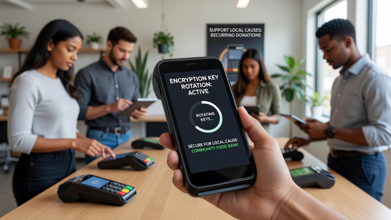 Mobile donation terminal displaying secure transaction interface in a community fundraising setting