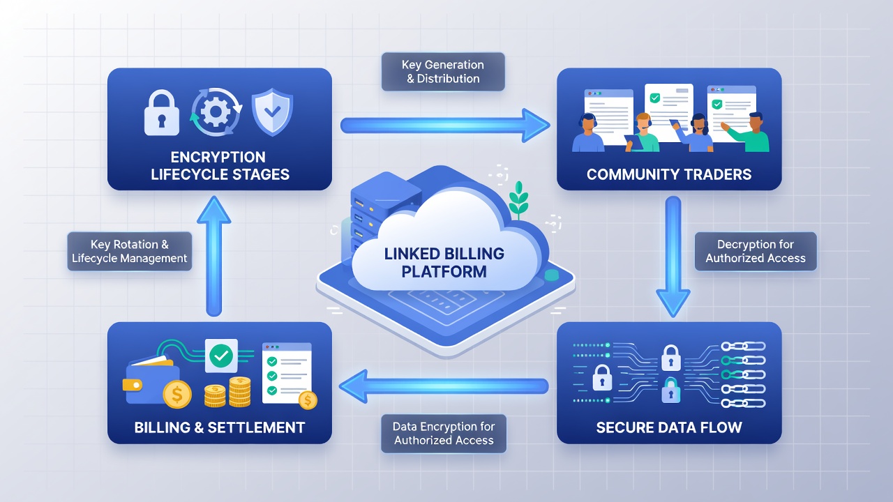 Network diagram illustrating encryption key rotation between mobile terminals and central billing servers for community traders