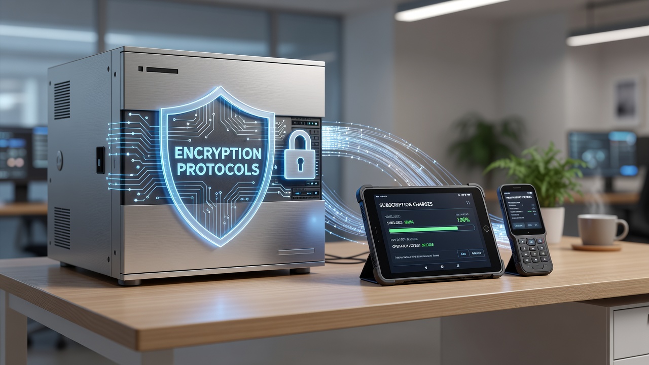 Technician configuring encryption settings on a mobile payment terminal