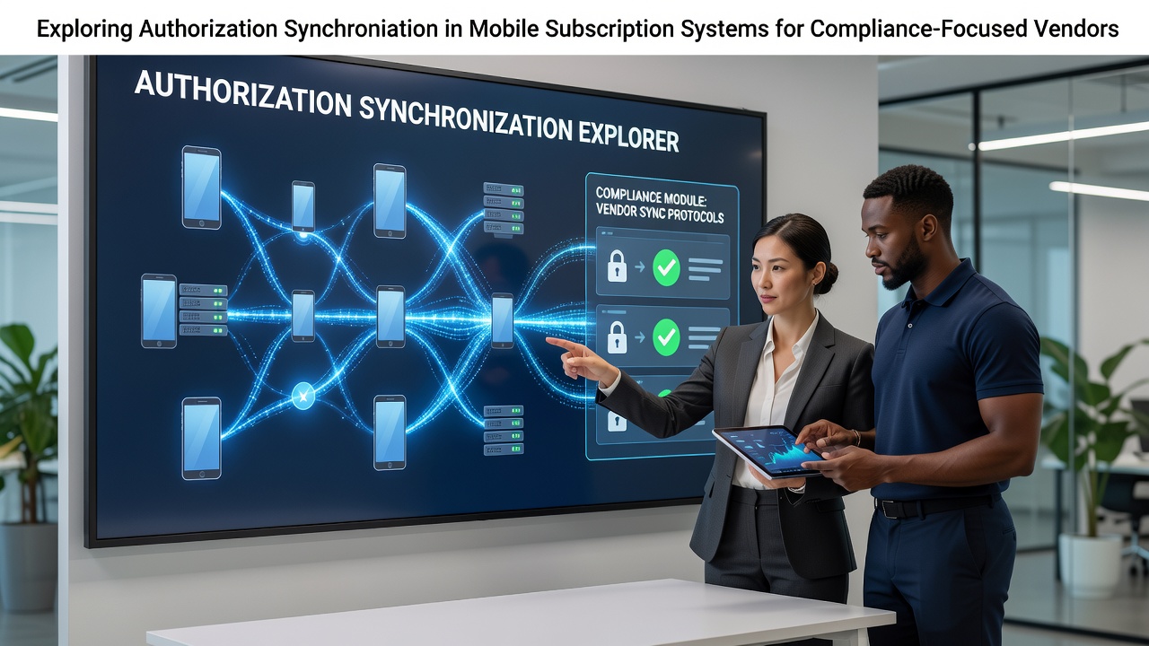 Diagram showing authorization synchronization flow between mobile devices and central subscription servers in a compliance environment