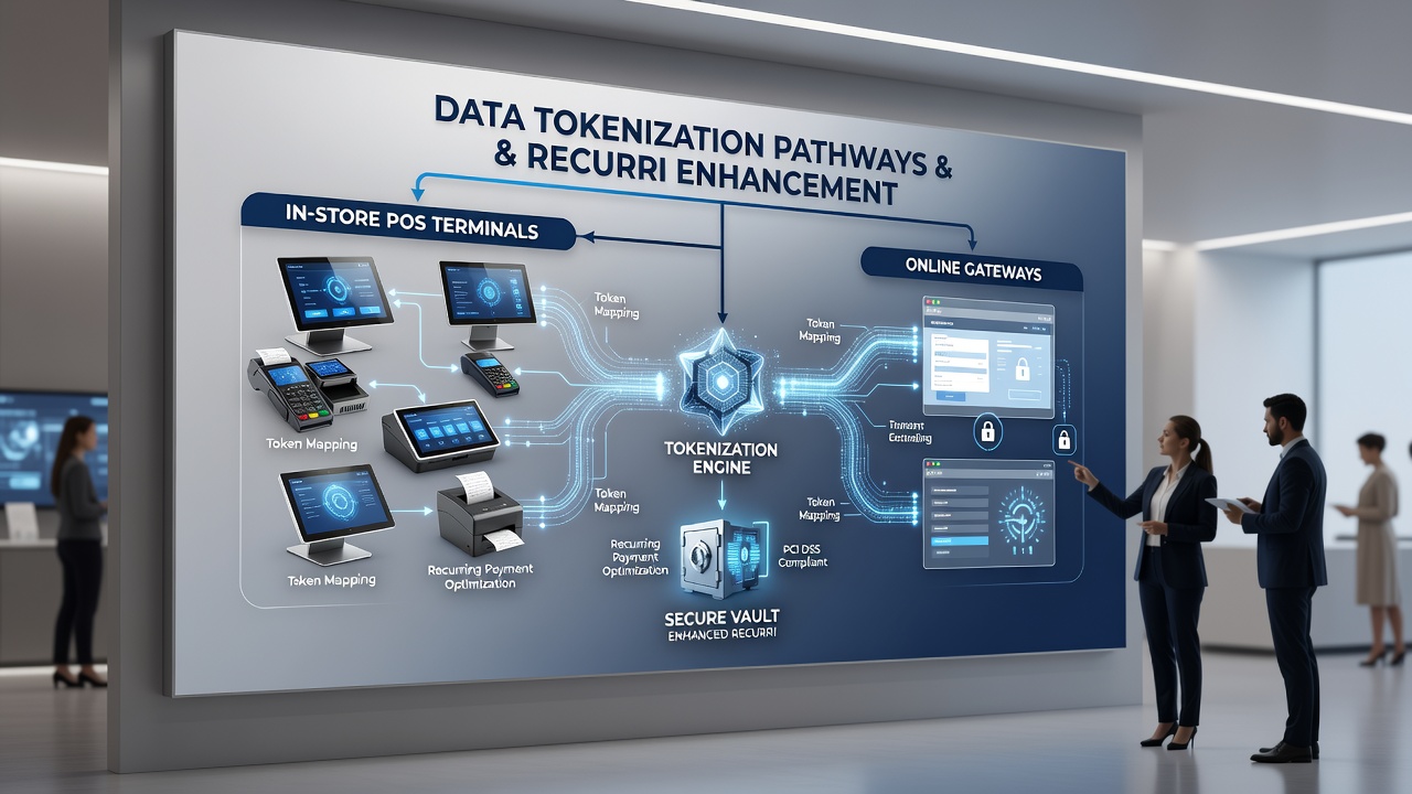 Illustration of secure data flows between POS hardware and cloud-based gateways using tokenized recurring payment credentials