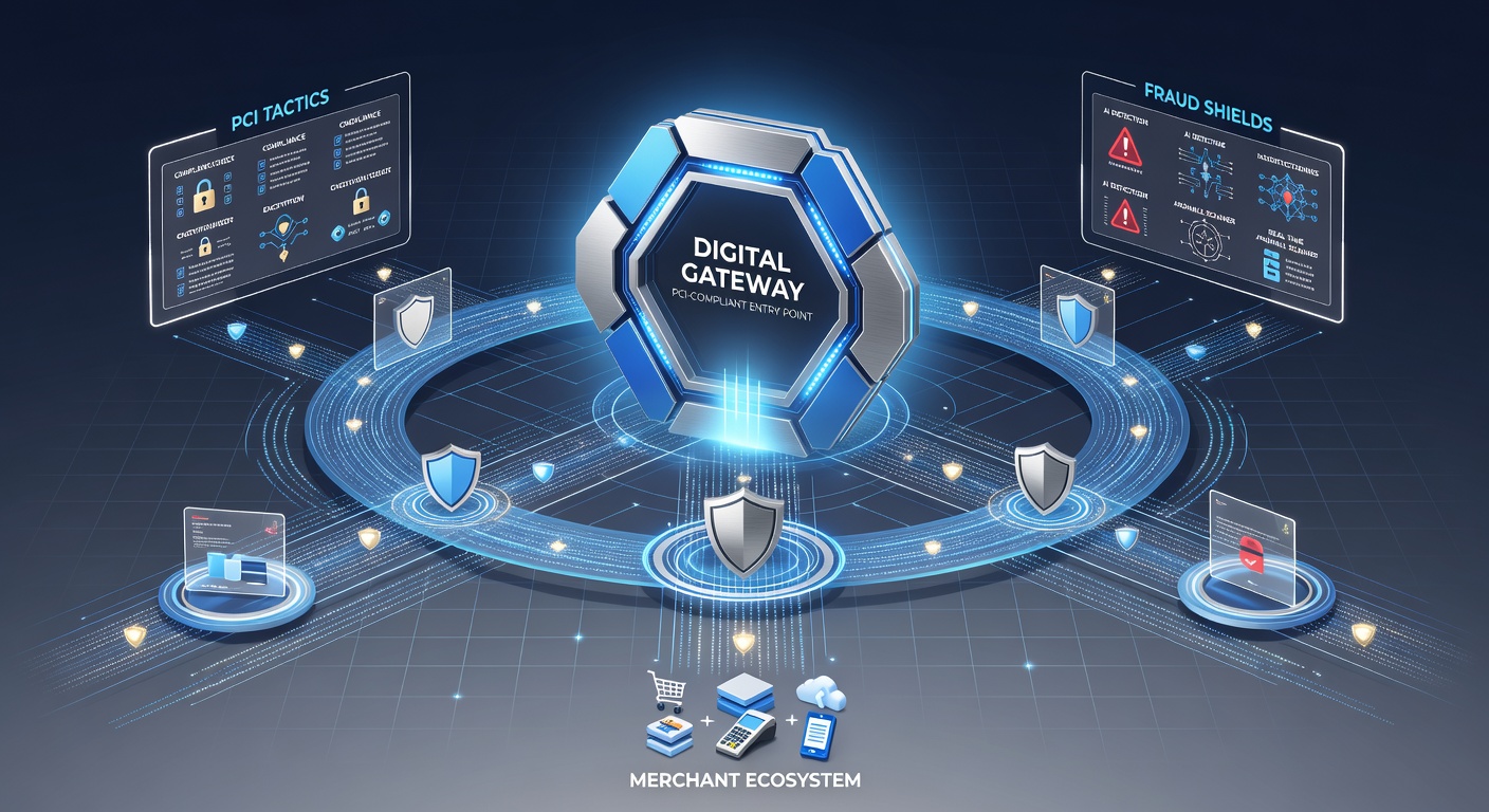 Merchants configuring PCI-compliant gateways with layered security protocols in a digital dashboard