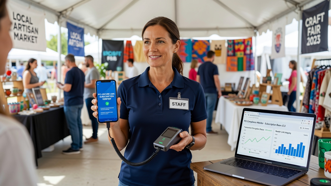 Vendor demonstrating secure mobile payment and loyalty subscription signup at a craft fair booth