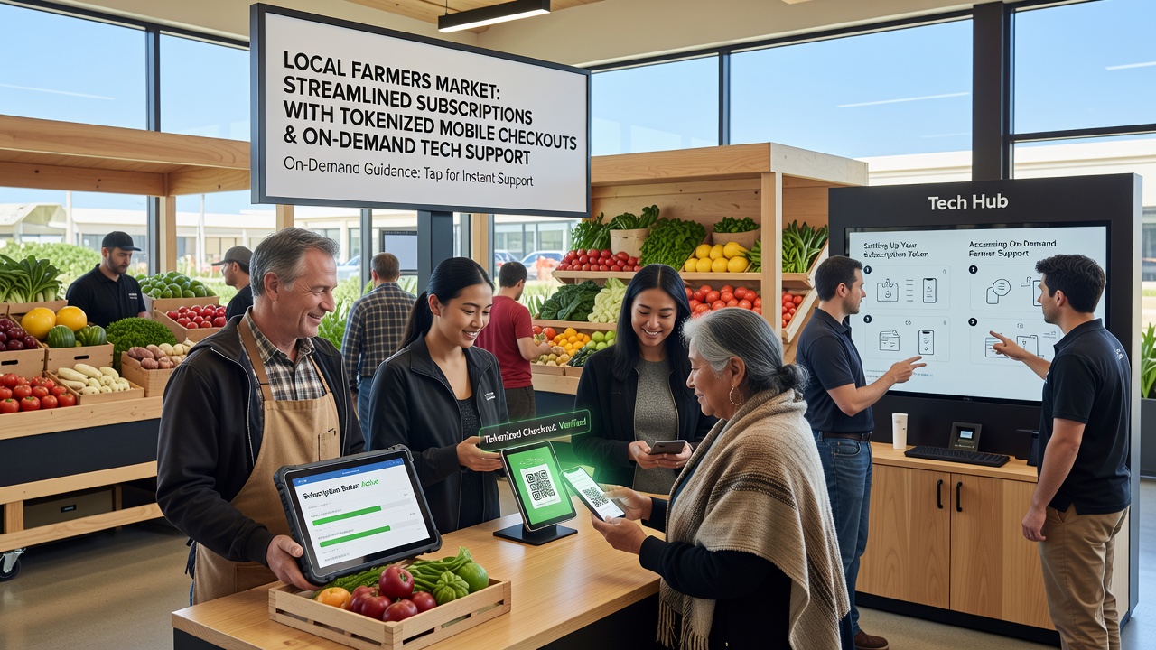 Farmers market vendors using mobile devices for tokenized subscription checkouts