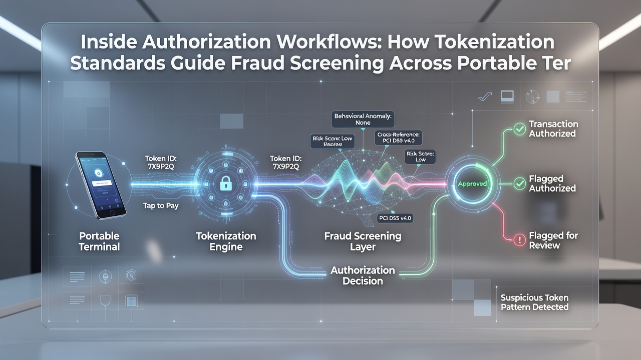 Close-up of tokenization process on a mobile POS device handling recurring vendor payments