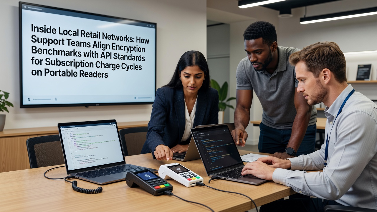 Support teams reviewing encryption protocols alongside API documentation for portable card readers used in subscription billing