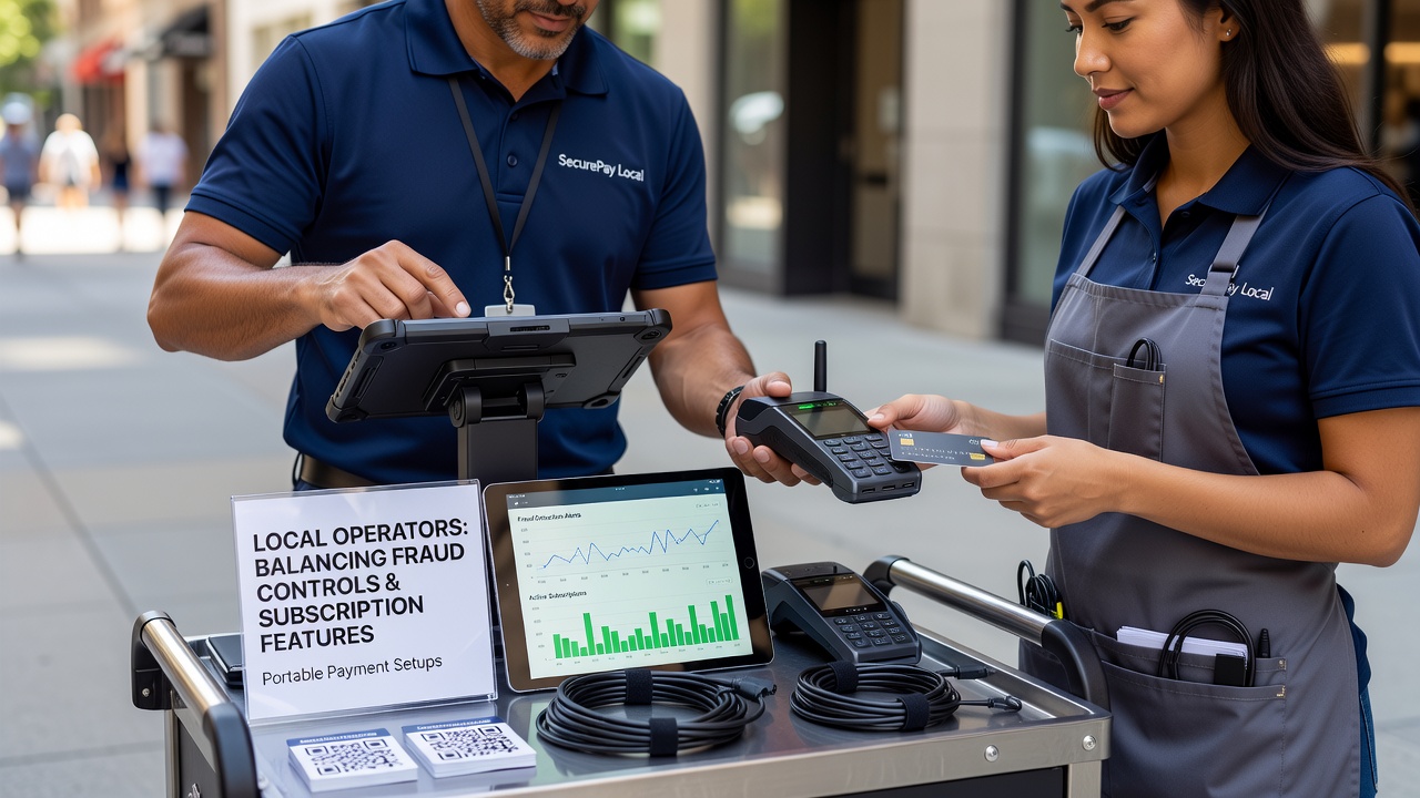 Mobile vendor reviewing fraud alerts on portable terminal during subscription setup