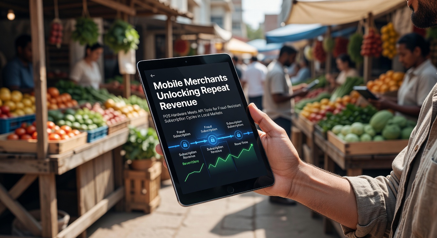 Mobile merchant using POS hardware integrated with API tools for subscription payments in a local market setting