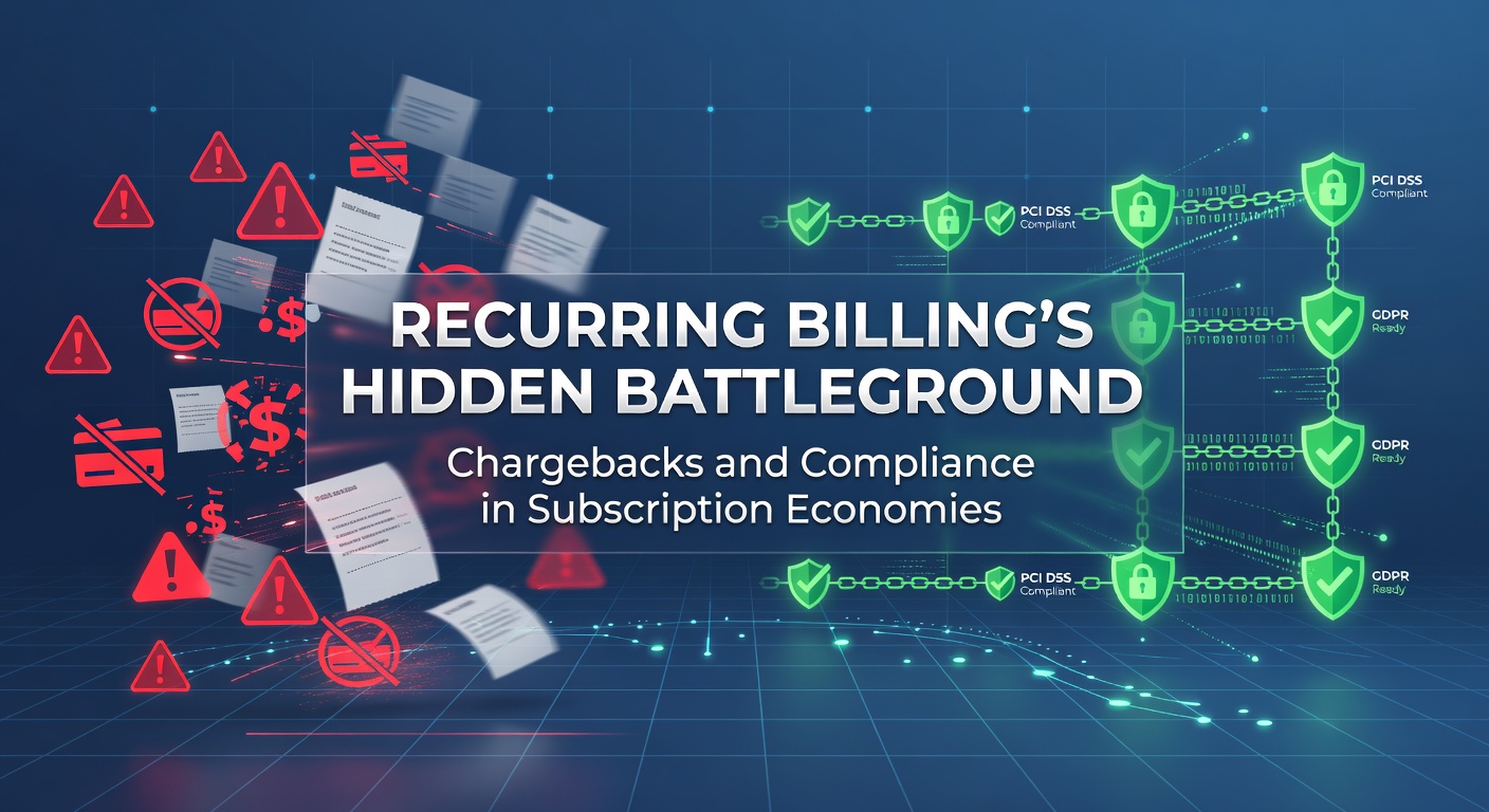 Visual representation of a tug-of-war between merchants and chargebacks in the subscription billing landscape, showing locked chains and dispute icons