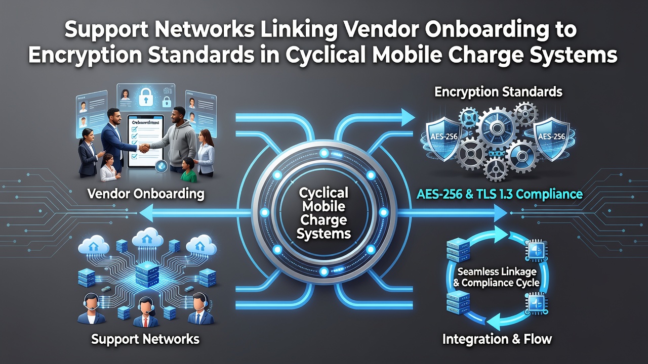 Support network diagram showing vendor onboarding connected to encryption standards in mobile payment systems