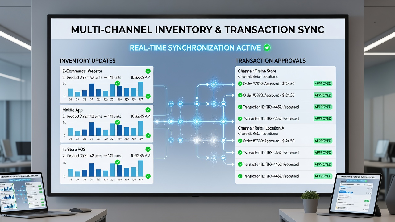 Retail staff using mobile devices to check synchronized inventory levels following transaction approvals