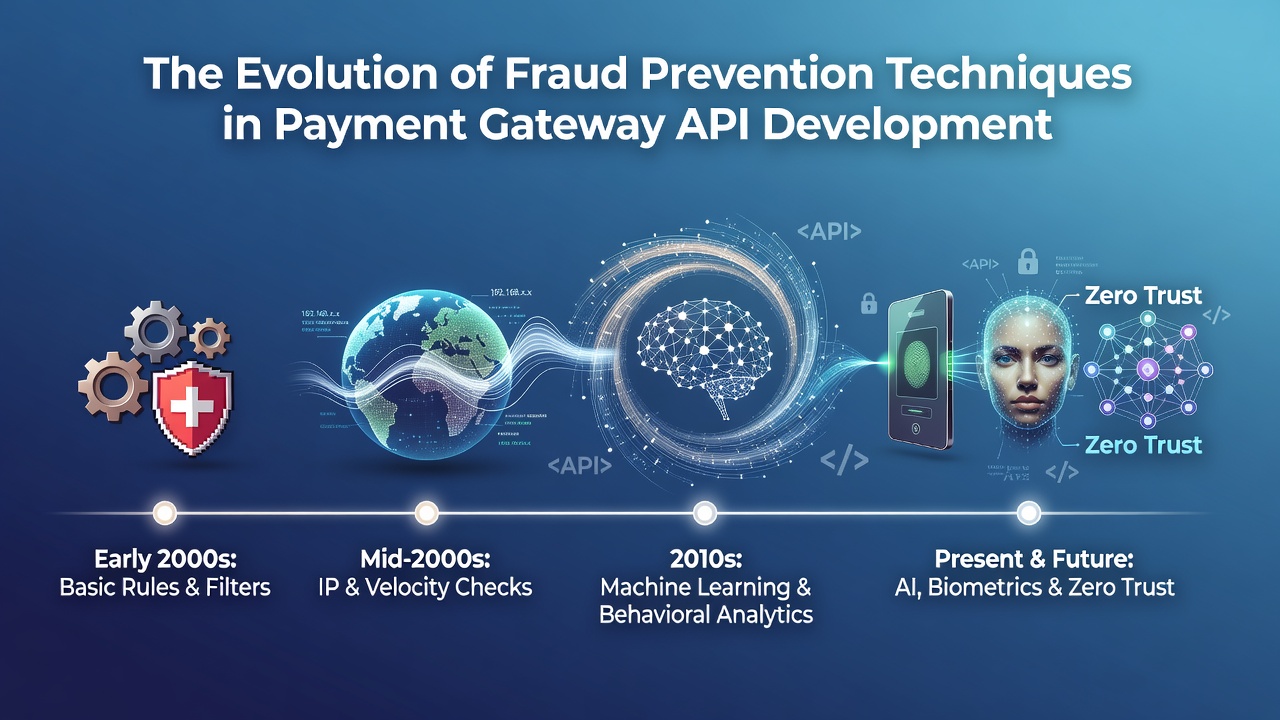 Timeline visualization showing the progression of fraud prevention methods in payment gateway APIs from early manual checks to advanced AI-driven systems