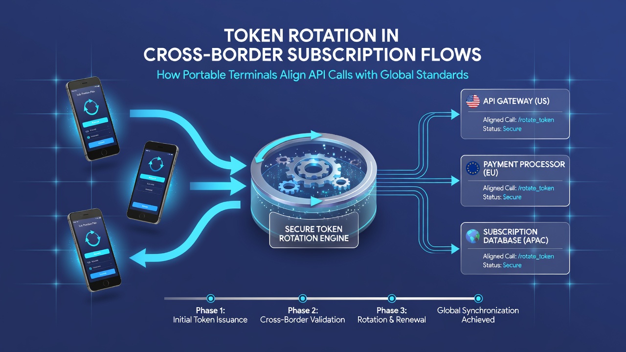 API integration diagram showing token rotation sequence between mobile terminals and global compliance systems
