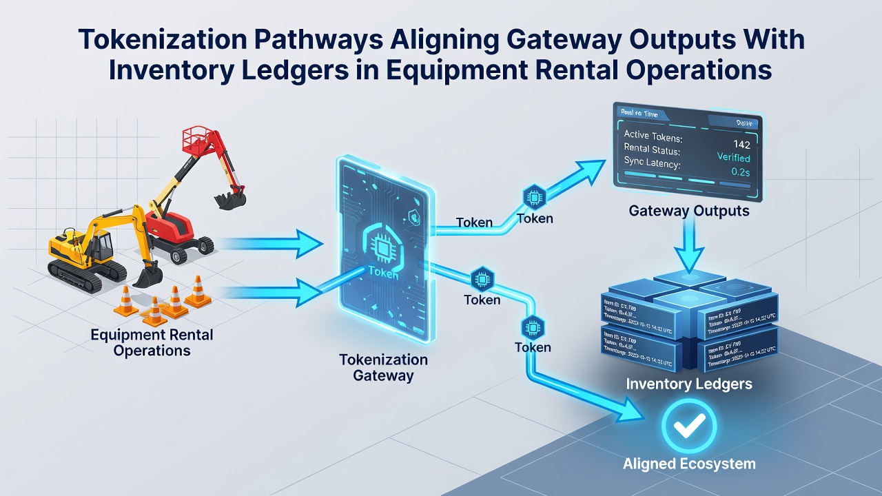 Equipment rental operations dashboard displaying synced inventory ledgers and tokenized payment records