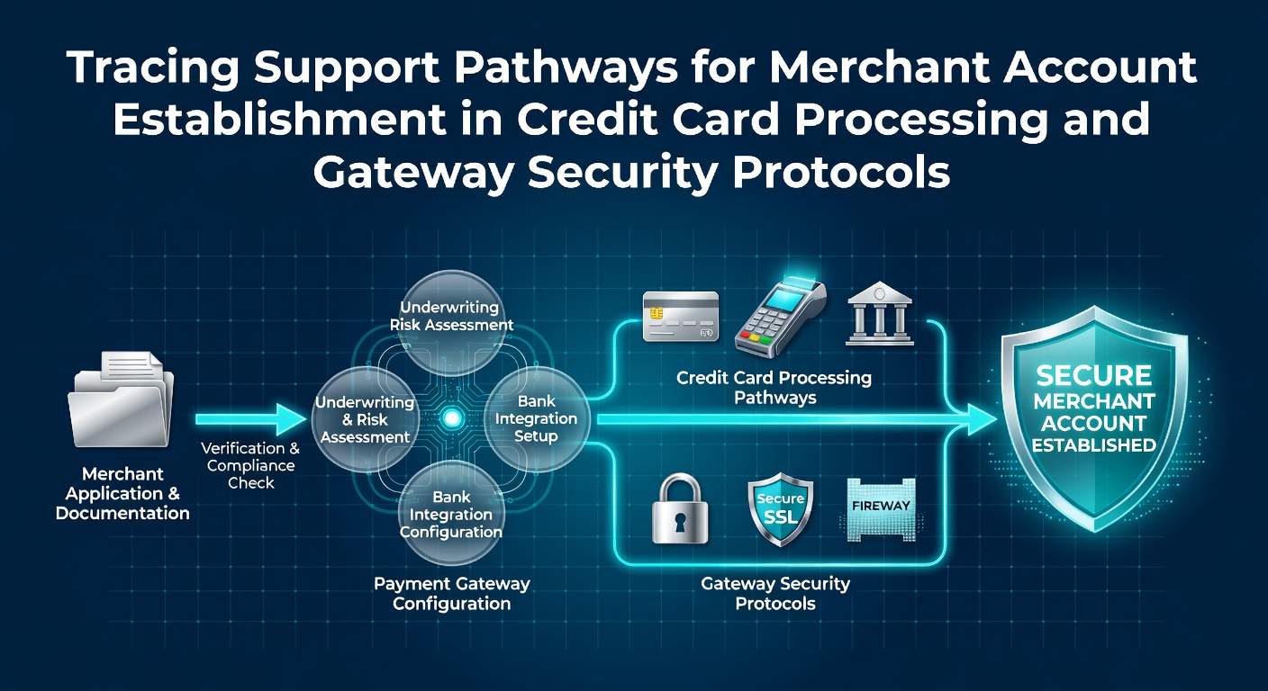 Diagram illustrating merchant account support pathways in credit card processing