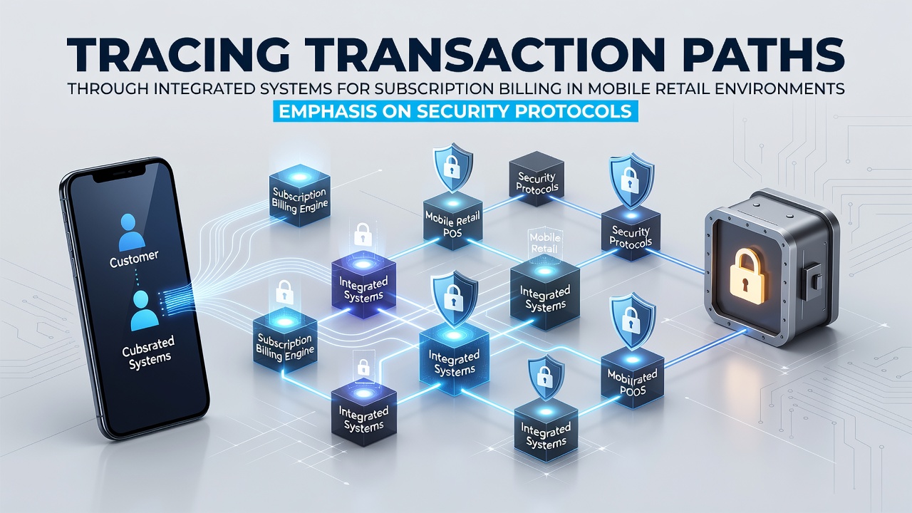 Diagram illustrating transaction flow through integrated mobile retail systems with subscription billing layers and security checkpoints