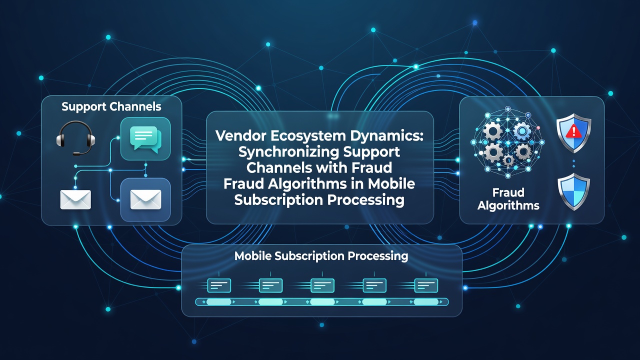 Diagram showing integration between vendor support teams and fraud detection systems in mobile subscription workflows