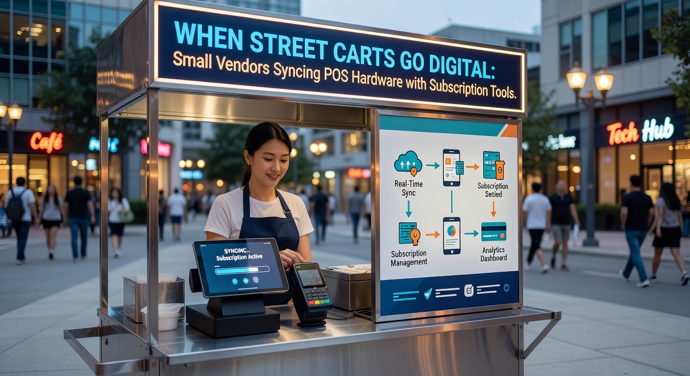 Street vendor using digital POS hardware at a food cart to process payments and manage subscriptions